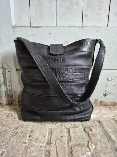 LEREN BUCKET-BAG ZWART/KROKO